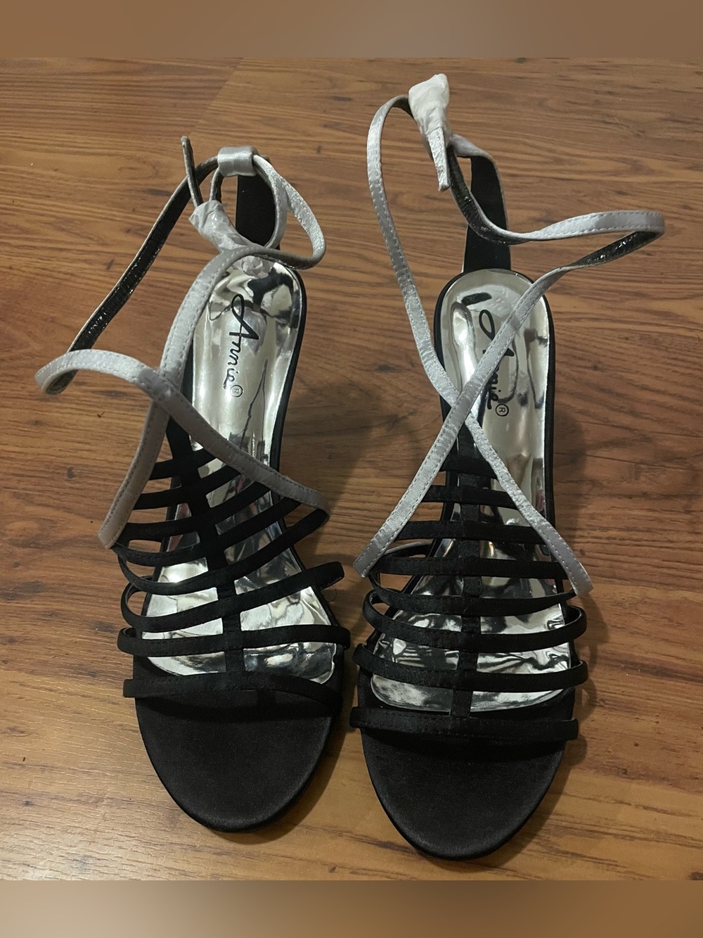 Annie Black Strappy Stiletto Heels with Silver Ankle Wraps